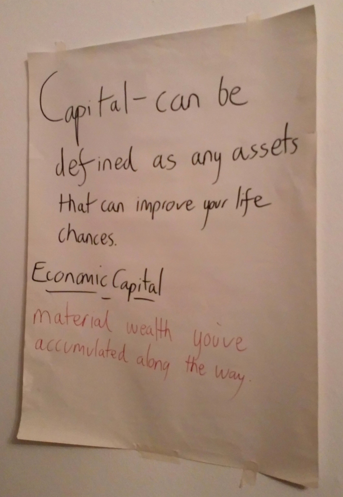 Capital- can be defined as any assets that can improve your life chances.

Economic Capital: material wealth you've accumulated along the way.